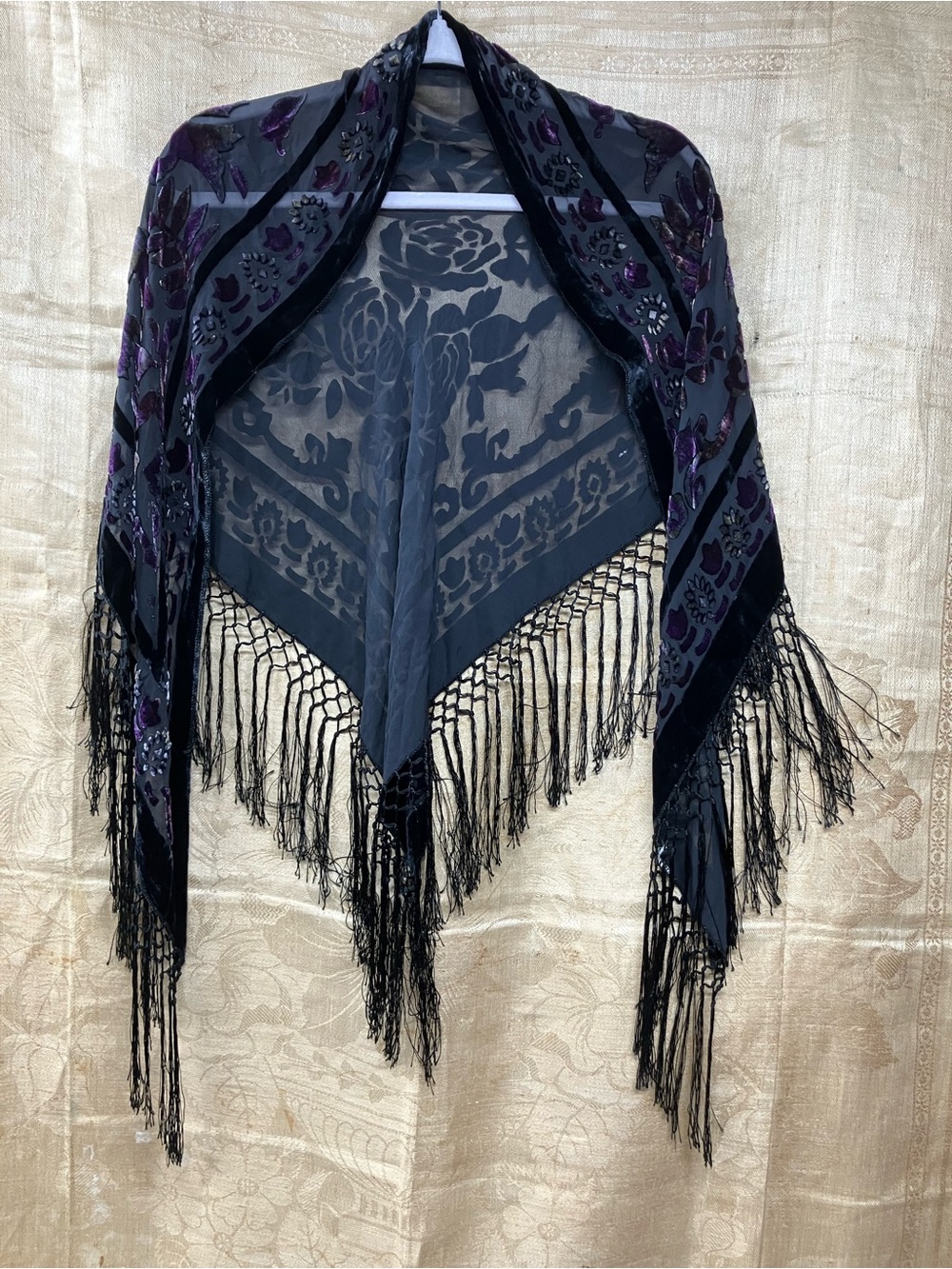 Black & Purple Burn-out Velvet Floral Fringe Shawl